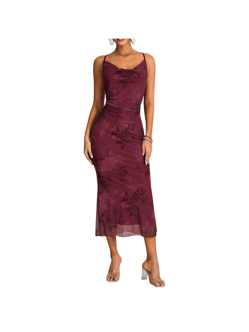 Amazon Burgundy Floral Slip Midi Dress with Slim Straps